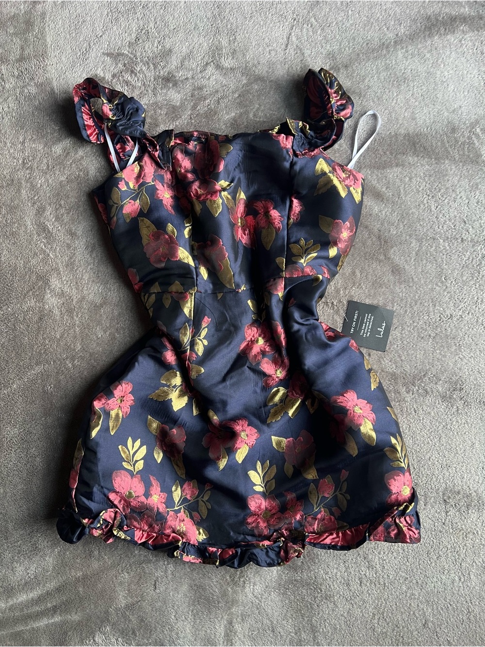 Lulu's Navy Floral Ruffle Strap Dress with Pink & Gold Accents